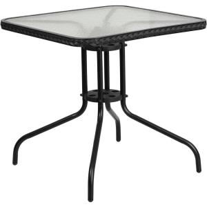 Flash Furniture Barker 28” Square Tempered Glass Metal Table with Dark Brown Rattan Edging(Clear Top/Black Rattan)
