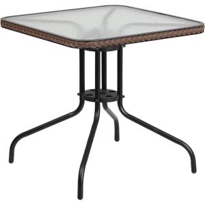 Flash Furniture Barker 28” Square Tempered Glass Metal Table with Dark Brown Rattan Edging(Clear Top/Dark Brown Rattan)