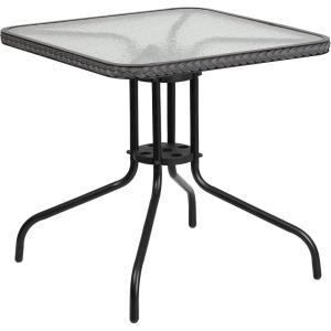 Flash Furniture Barker 28” Square Tempered Glass Metal Table with Dark Brown Rattan Edging(Clear Top/Gray Rattan)