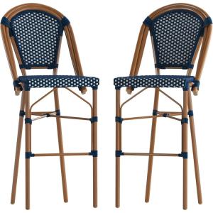 Flash Furniture Bordeaux Commercial Grade Bistro Bar Height Stool, Stackable Indoor/Outdoor Dining Stool, 30″ High, Black/White and Natural Finish(Navy & White/Natural Frame)