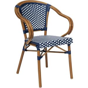 Flash Furniture Bordeaux Indoor/Outdoor Commercial Bistro Stack Chair – Curved Arms – Navy/White PE Rattan Back and Seat – Natural Bamboo Print Metal Frame(Navy & White/Natural Frame)