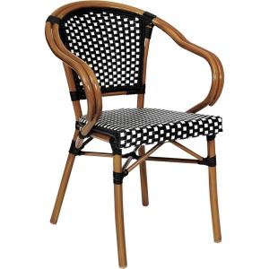 Flash Furniture Bordeaux Indoor/Outdoor Commercial Bistro Stack Chair – Curved Arms – Navy/White PE Rattan Back and Seat – Natural Bamboo Print Metal Frame(Black & White/Natural Frame)