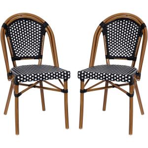 Flash Furniture Bordeaux Set of 2 Indoor/Outdoor Commercial Bistro Stack Chairs – Black/White PE Rattan Back and Seat – Natural Bamboo Print Aluminum Frame(Black & White/Natural Frame)