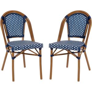 Flash Furniture Bordeaux Set of 2 Indoor/Outdoor Commercial Bistro Stack Chairs – Black/White PE Rattan Back and Seat – Natural Bamboo Print Aluminum Frame(Navy & White/Natural Frame)