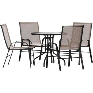 Flash Furniture Brazos 3 Piece Outdoor Patio Dining Set – 2 Brown Flex Comfort Stack Chairs – 23.75″ Round Tempered Glass Patio Table(Brown)