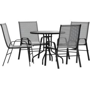 Flash Furniture Brazos 3 Piece Outdoor Patio Dining Set – 2 Brown Flex Comfort Stack Chairs – 23.75″ Round Tempered Glass Patio Table(Grey)