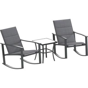 Flash Furniture Brazos 3 Piece Outdoor Rocking Chair Bistro Set with Flex Comfort Material and Metal Framed Glass Top Table, Gray/Black(Black)