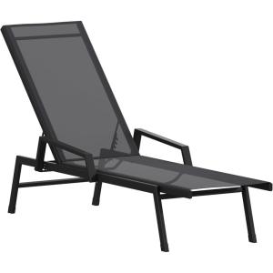 Flash Furniture Brazos Adjustable Chaise Lounge Chair with Arms, All-Weather Outdoor Five-Position Recliner, Black/Brown(Black/Black)