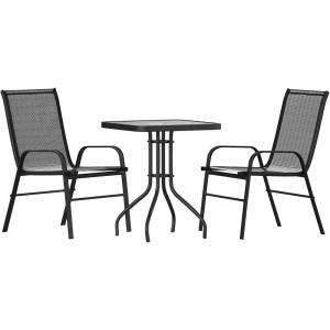 Flash Furniture Brazos Series 5-Piece Glass Patio Table and Chairs Set, Outdoor Patio Dining Set with Square Table and 4 Sling Patio Chairs, Black(Black)