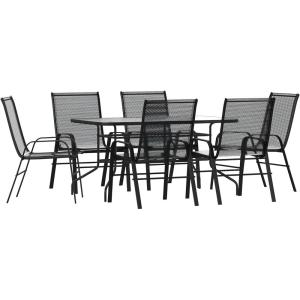 Flash Furniture Brazos Series 7-Piece Glass Patio Table and Chairs Set, Outdoor Dining Set with Table with Umbrella Hole, 6 Sling Patio Chairs, Black(Black)