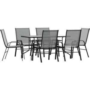 Flash Furniture Brazos Series 7-Piece Glass Patio Table and Chairs Set, Outdoor Dining Set with Table with Umbrella Hole, 6 Sling Patio Chairs, Black(Grey)