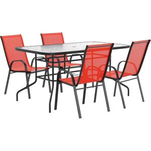 Flash Furniture Brazos Series 7-Piece Glass Patio Table and Chairs Set, Outdoor Dining Set with Table with Umbrella Hole, 6 Sling Patio Chairs, Black(Red)