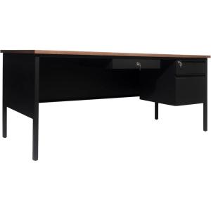 Flash Furniture Cambridge Right Side Single Pedestal Desk with 3 Locking Drawers, Commercial Grade Teacher’s or Office Desk, 30×70, Metal Frame, White Oak/Black(Walnut)