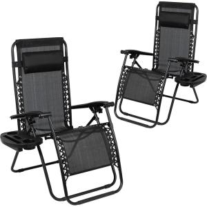 Flash Furniture Celestial Adjustable Folding Mesh Zero Gravity Reclining Lounge Chair with Pillow and Cup Holder Tray in Navy, Set of 2(Black)