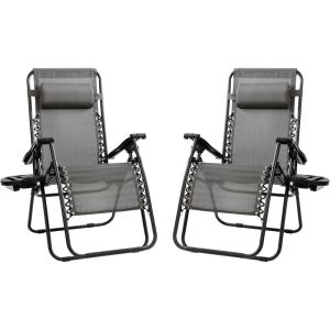 Flash Furniture Celestial Adjustable Folding Mesh Zero Gravity Reclining Lounge Chair with Pillow and Cup Holder Tray in Navy, Set of 2(Grey)