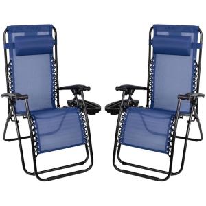 Flash Furniture Celestial Adjustable Folding Mesh Zero Gravity Reclining Lounge Chair with Pillow and Cup Holder Tray in Navy, Set of 2(Navy)