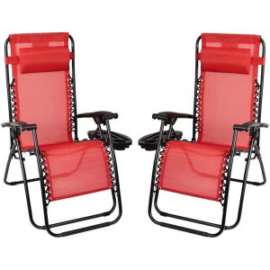 Flash Furniture Celestial Adjustable Folding Mesh Zero Gravity Reclining Lounge Chair with Pillow and Cup Holder Tray in Navy, Set of 2(Red)