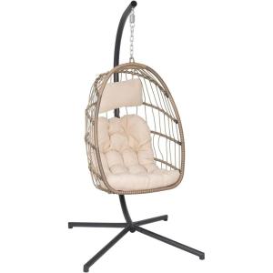 Flash Furniture Cleo Indoor/Outdoor Patio Hanging Egg Chair – Gray Frame with Gray Seat Cushions – Black Powder Coated C-Style Stand – Hanging Hardware Included(Natural)