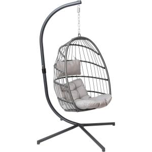 Flash Furniture Cleo Indoor/Outdoor Patio Hanging Egg Chair – Gray Frame with Gray Seat Cushions – Black Powder Coated C-Style Stand – Hanging Hardware Included(Grey)