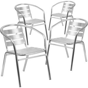 Flash Furniture Commercial Aluminum Slat Back Stacking Outdoor Restaurant Chairs, Modern Stackable Patio Chairs for Restaurants, Set of 4, Silver(Set of 4)