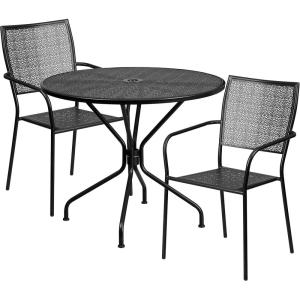 Flash Furniture Commercial Grade 35.25″ Round Black Indoor-Outdoor Steel Patio Table Set with 2 Square Back Chairs(Black)