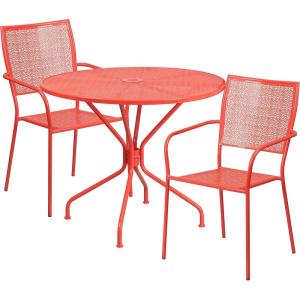 Flash Furniture Commercial Grade 35.25″ Round Black Indoor-Outdoor Steel Patio Table Set with 2 Square Back Chairs(Coral)