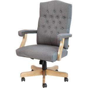 Flash Furniture Derrick Traditional Microfiber Tufted Swivel Office Chair with Wood Base, Ergonomic Farmhouse High-Back Desk Chair, Ivory/Brown(Gray Fabric)