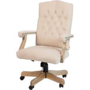 Flash Furniture Derrick Traditional Microfiber Tufted Swivel Office Chair with Wood Base, Ergonomic Farmhouse High-Back Desk Chair, Ivory/Brown(Ivory Microfiber)