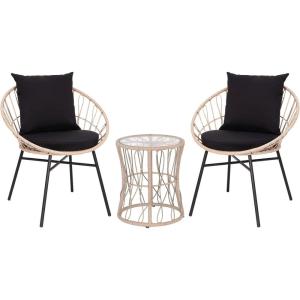 Flash Furniture Devon 3-Piece Indoor/Outdoor Bistro Set – Tan Finish Rattan Rope Papasan Style Chairs and Glass Top Side Table – Black Back and Seat Cushions