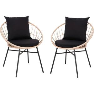 Flash Furniture Devon Set of 2 Modern Boho Rattan Rope Chairs, Weather-Resistant Tan Finish Rattan with Black Back and Seat Cushions – Indoor/Outdoor(Tan/Black)