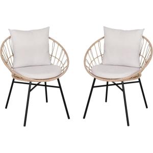 Flash Furniture Devon Set of 2 Modern Boho Rattan Rope Chairs, Weather-Resistant Tan Finish Rattan with Black Back and Seat Cushions – Indoor/Outdoor(Tan/Light Gray)