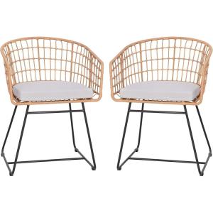 Flash Furniture Devon Set of 2 Patio Boho Club Chairs – Rope with Natural Finish PE Wicker Rattan – Light Gray Seat Cushions and Sled Base – Indoor/Outdoor Use