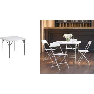 Flash Furniture Elon 2.85-Foot Square Granite White Plastic Folding Table | Waterproof | Impact and Stain Resistant + Flash Furniture Hercules Series Plastic Folding Chairs(Granite White)