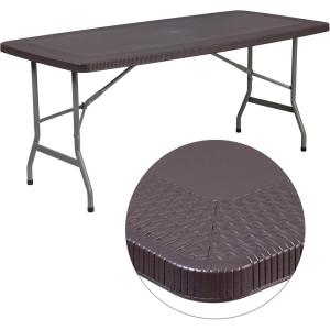 Flash Furniture Elon 5.62-Foot Brown Rattan Indoor-Outdoor Plastic Folding Table with Umbrella Hole