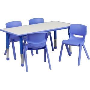 Flash Furniture Emmy 23.625”W x 47.25”L Rectangular Red Plastic Height Adjustable Activity Table Set with 4 Chairs(Blue)