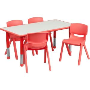 Flash Furniture Emmy 23.625”W x 47.25”L Rectangular Red Plastic Height Adjustable Activity Table Set with 4 Chairs(Red)