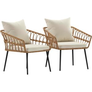 Flash Furniture Evin Set of 2 Boho Indoor/Outdoor Patio Chairs – Natural Finish Faux Rattan Wicker – Cream All-Weather Cushions – Integrated Armrests