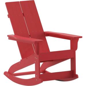 Flash Furniture Finn Modern Commercial Grade Poly Resin Wood Adirondack Rocking Chair – All Weather Red Polystyrene – Dual Slat Back – Stainless Steel Hardware(Red)