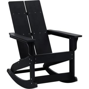 Flash Furniture Finn Modern Commercial Grade Poly Resin Wood Adirondack Rocking Chair – All Weather Red Polystyrene – Dual Slat Back – Stainless Steel Hardware(Black)
