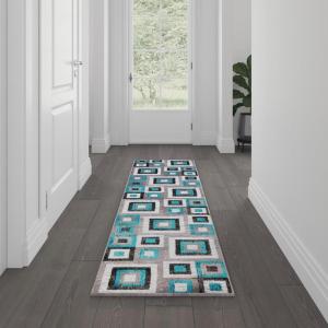 Flash Furniture Gideon Collection 8′ x 8′ Round Abstract Area Rug – Turquoise, Grey, and White Olefin Facing – Cotton Backing – Living Room or Bedroom(Turquoise)