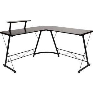 Flash Furniture Glass L-Shape Computer Desk with Silver Metal Frame(Black Top/Black Frame)