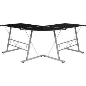 Flash Furniture Glass L-Shape Computer Desk with Silver Metal Frame(Black Top/Silver Frame)