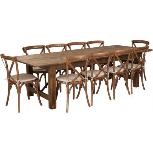 Flash Furniture HERCULES Series 9′ x 40” Antique Rustic Folding Farm Table Set with 10 Cross Back Chairs and Cushions