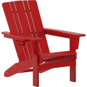 Flash Furniture Halifax Adirondack Chair with Cup Holder, Weather Resistant Poly Resin Adirondack Chair, Gray, Set of 1(Red)