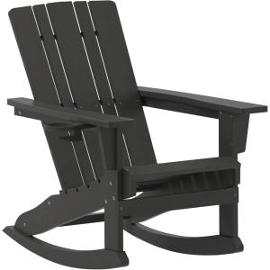 Flash Furniture Halifax Adirondack Rocking Chair with Cup Holder, Weather Resistant Poly Resin Adirondack Rocking Chair, Red(Black)