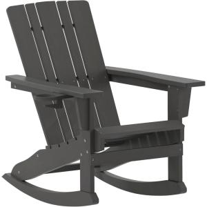 Flash Furniture Halifax Adirondack Rocking Chair with Cup Holder, Weather Resistant Poly Resin Adirondack Rocking Chair, Red(Grey)