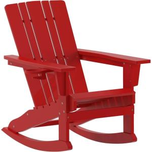 Flash Furniture Halifax Adirondack Rocking Chair with Cup Holder, Weather Resistant Poly Resin Adirondack Rocking Chair, Red(Red)