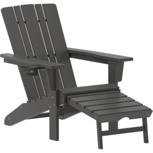 Flash Furniture Halifax Poly Resin Adirondack Chair with Cup Holder and Pull Out Ottoman, All-Weather Poly Resin Indoor/Outdoor Lounge Chair, Set of 2, Black(Grey)