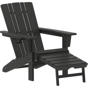 Flash Furniture Halifax Poly Resin Adirondack Chair with Cup Holder and Pull Out Ottoman, All-Weather Poly Resin Indoor/Outdoor Lounge Chair, Set of 2, Black(Black)