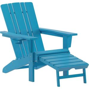 Flash Furniture Halifax Poly Resin Adirondack Chair with Cup Holder and Pull Out Ottoman, All-Weather Poly Resin Indoor/Outdoor Lounge Chair, Set of 2, Black(Blue)